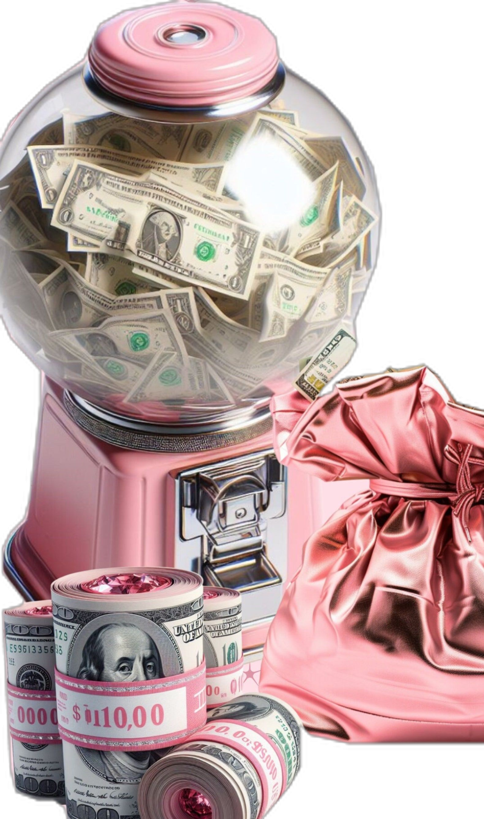 a pink gum machine with money in it