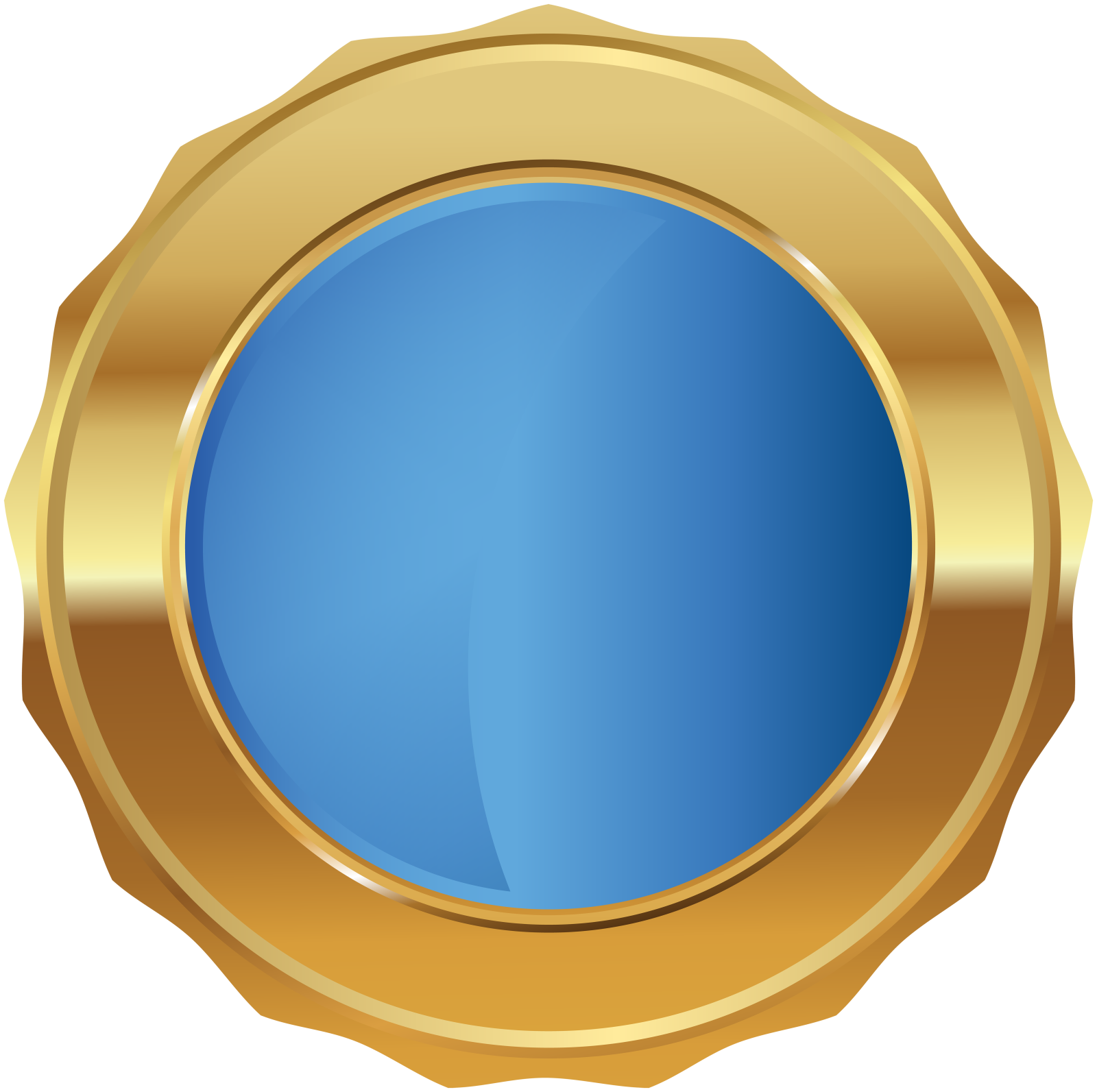a gold medal with blue glass