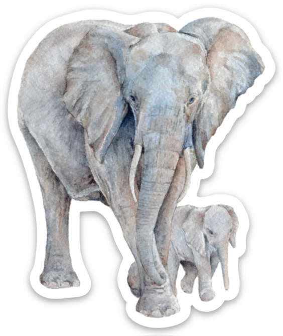 a watercolor painting of an elephant and her baby