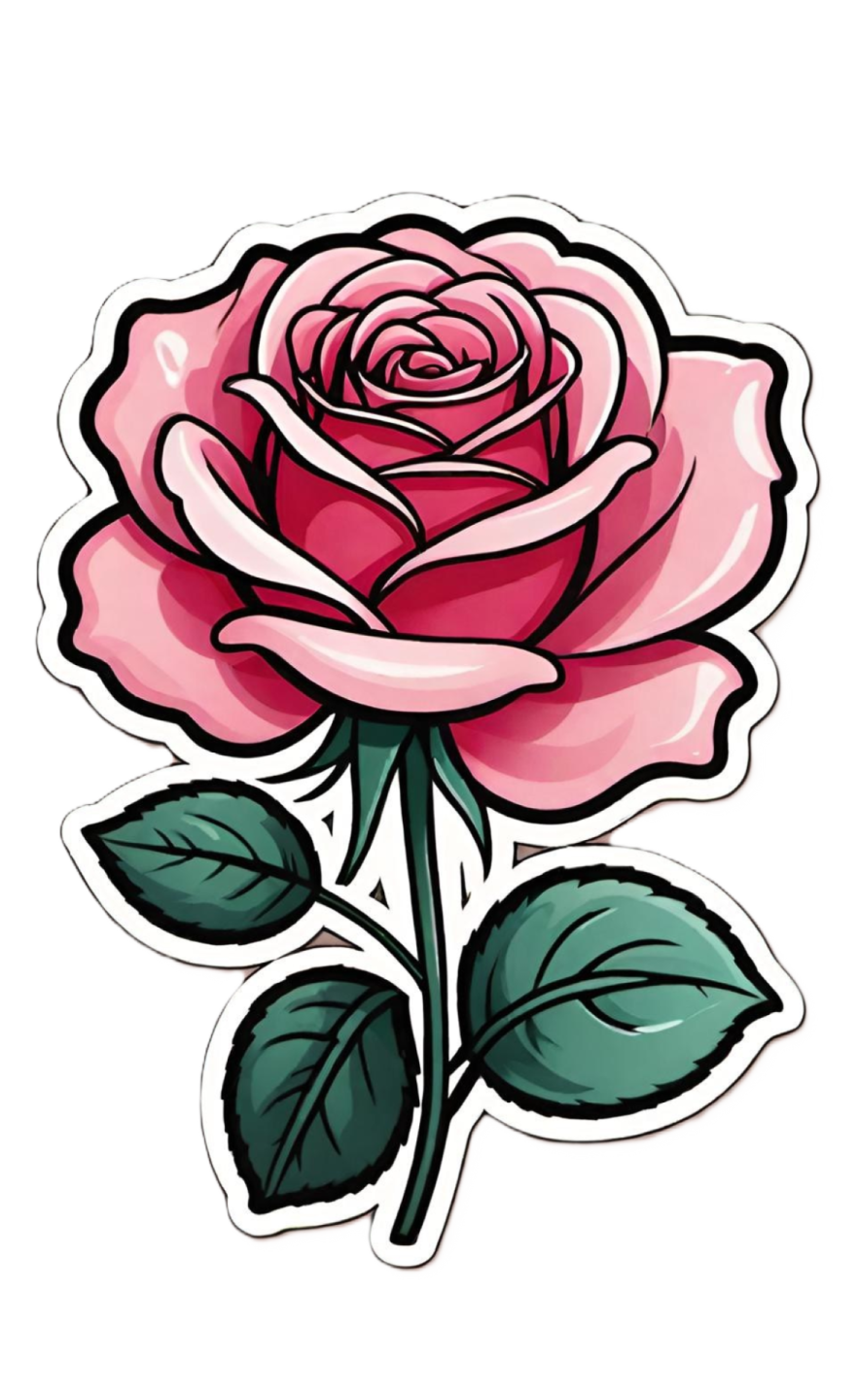 a pink rose with green leaves