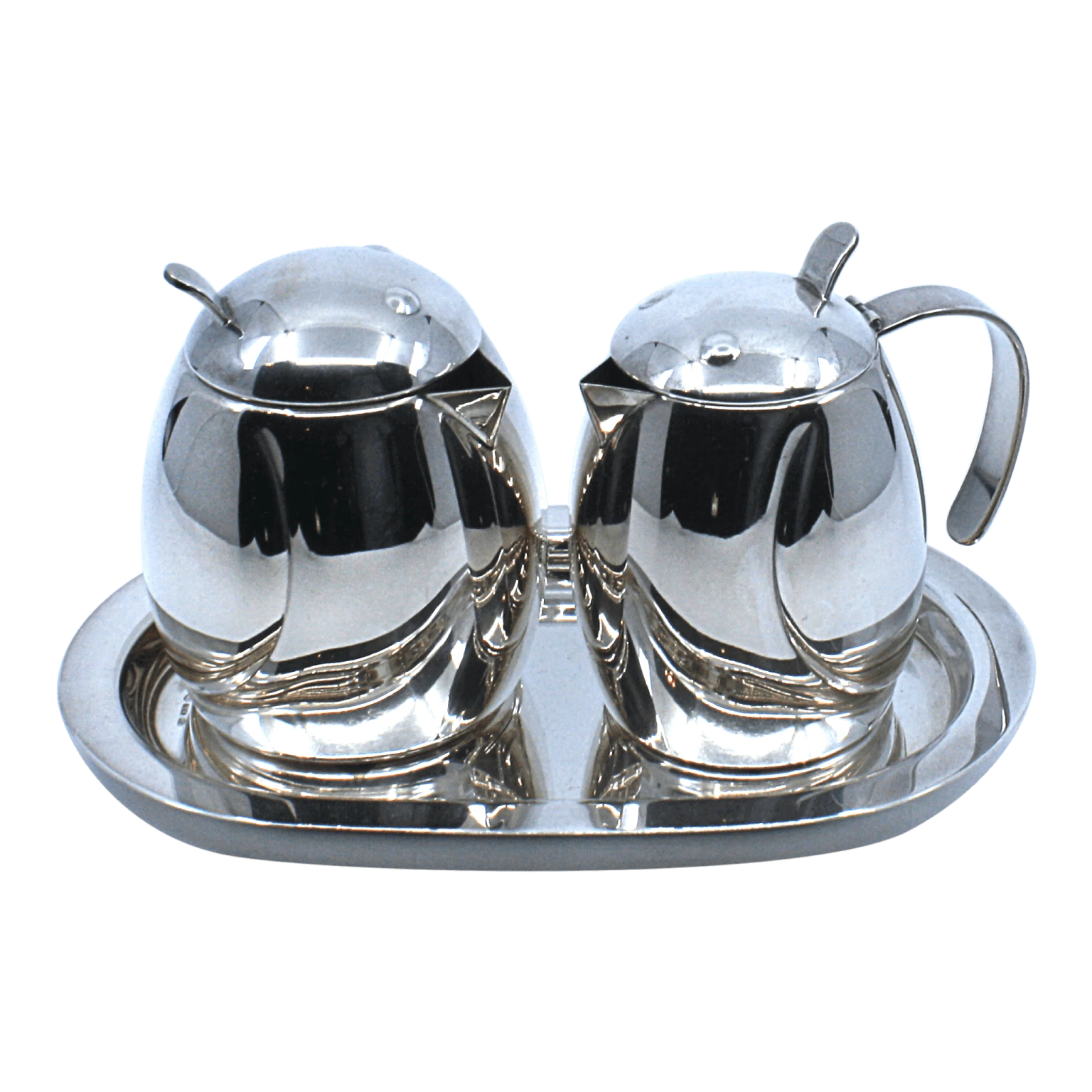 a silver plate with two cups on it