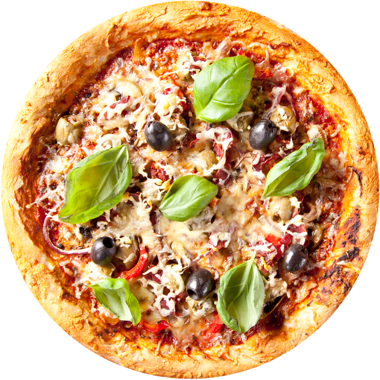 a pizza topped with cheese, olives, tomatoes and basil leaves