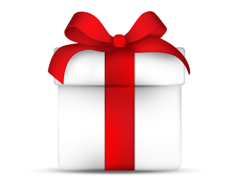 a white gift box with a red bow