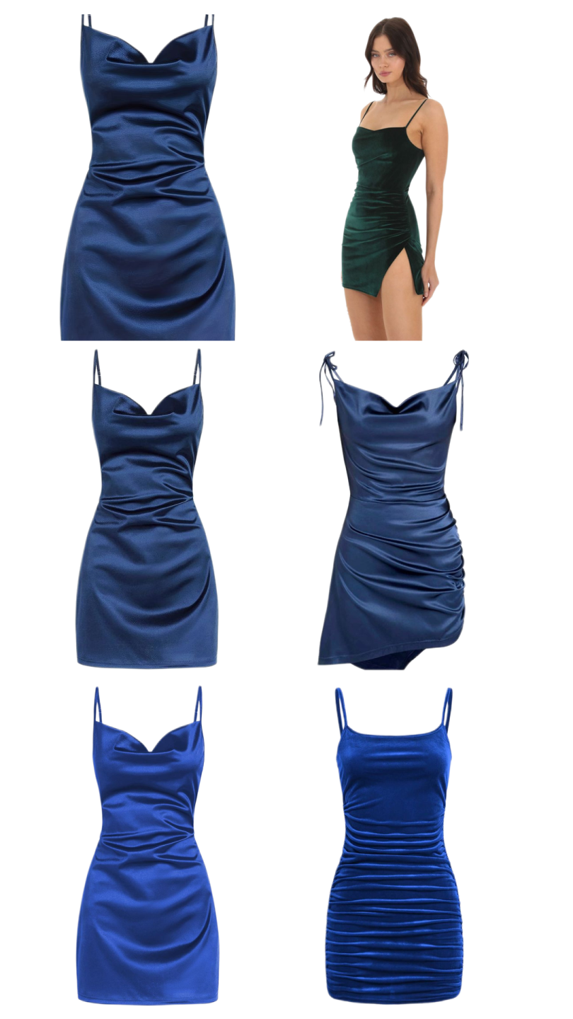 four different styles of blue and green dresses