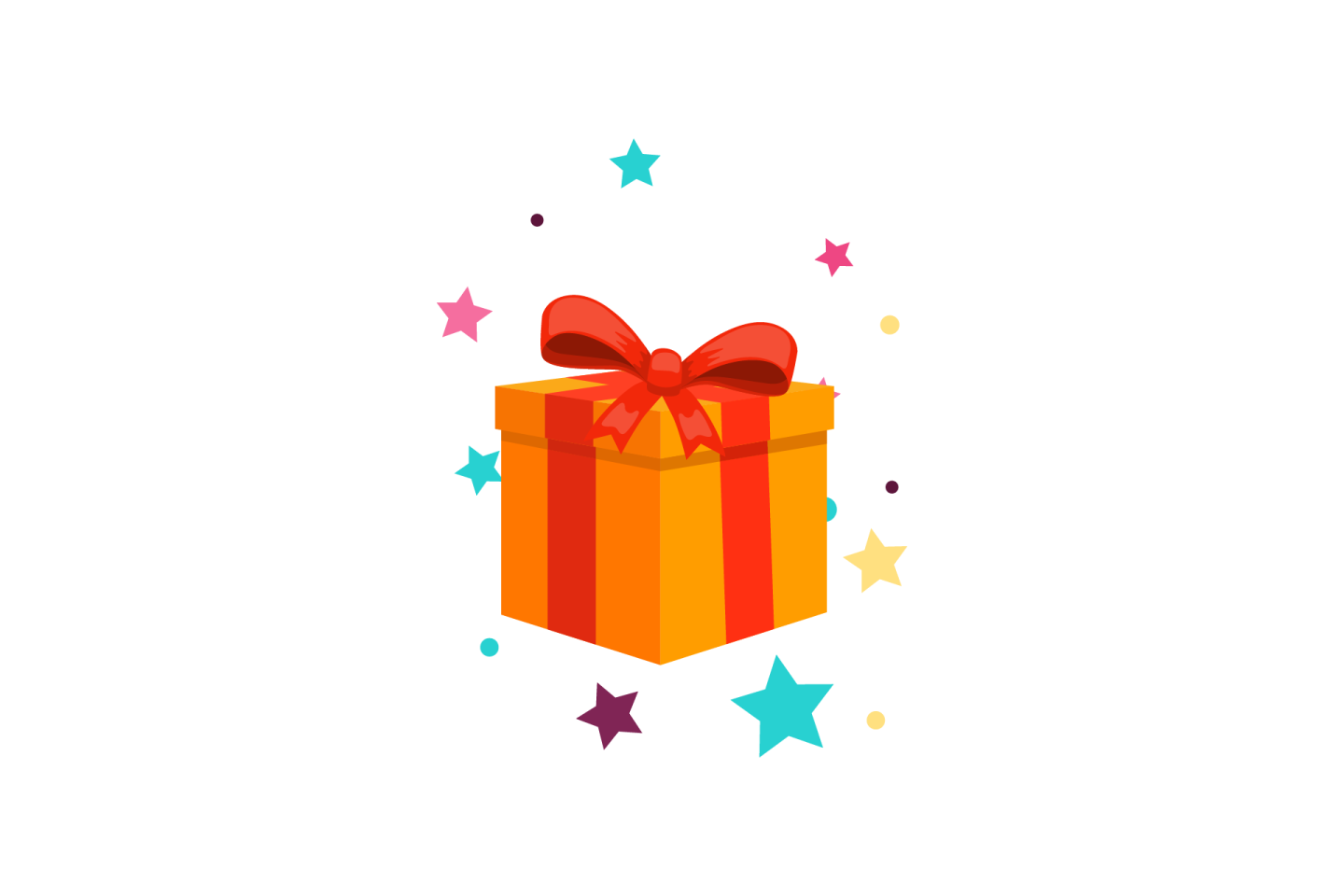 a gift box with a red bow and stars around it