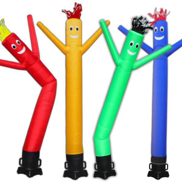 three colorful inflatables with faces and arms
