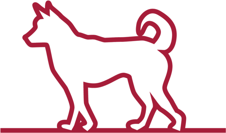 a white and red logo with a dog on it