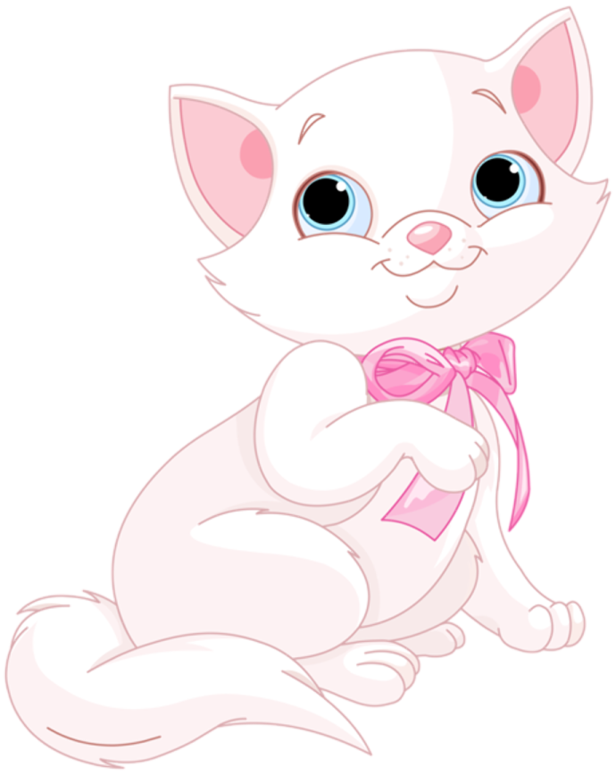 a white cat with a pink bow sitting down