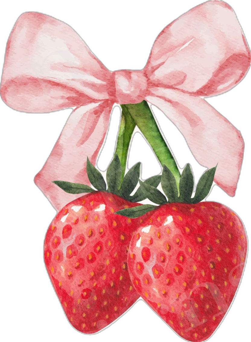 a watercolor drawing of two strawberries with a pink bow