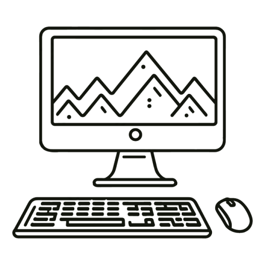 a computer with mountains in the background