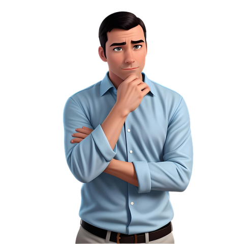 a man in a blue shirt with his hand on his chin