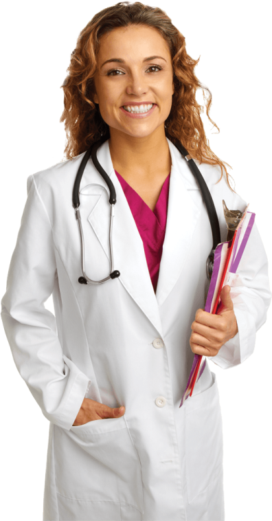 a woman in a white lab coat holding a clipboard