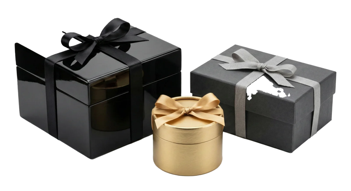 a black and gold gift box with a bow
