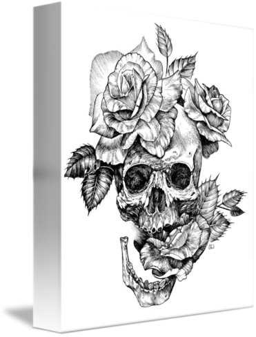 a black and white drawing of a skull with roses