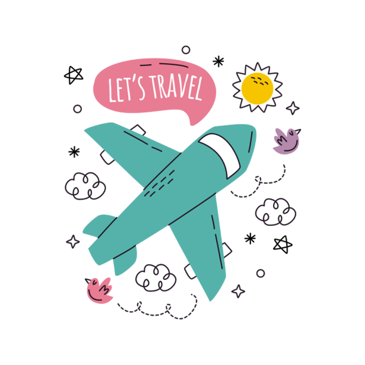 an airplane with a speech bubble that says let travel