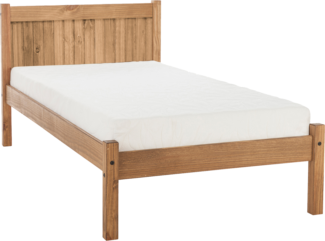 a wooden bed with white sheets on it