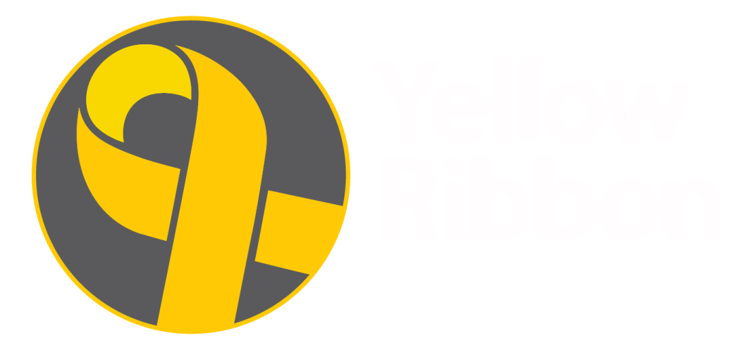 a yellow ribbon is in the center of this logo