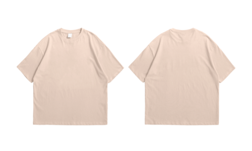 a picture of two t - shirts, one in pink and the other in beige