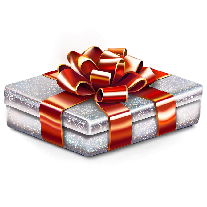 a silver gift box with a red bow