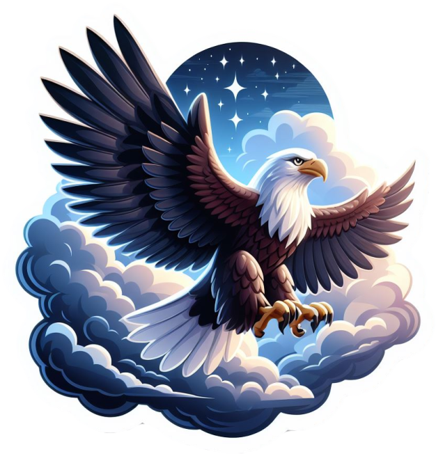 an eagle flying in the sky with clouds