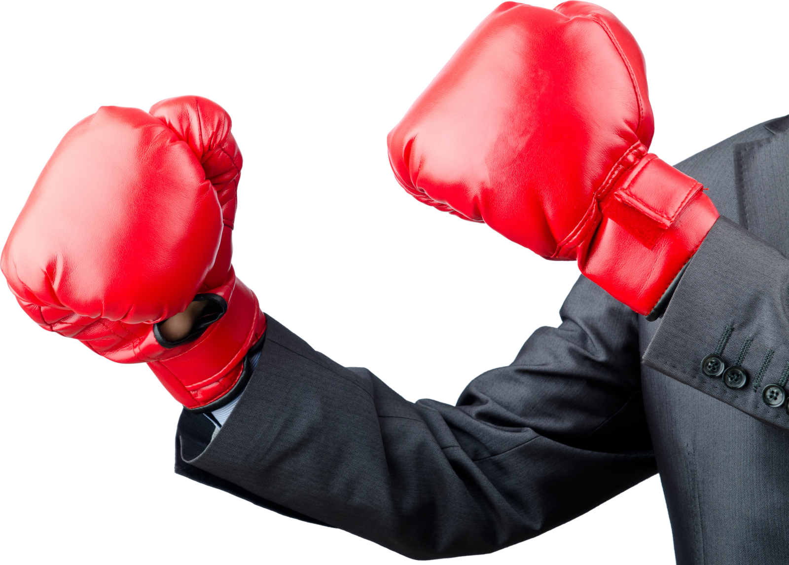 a man in a suit and red boxing gloves