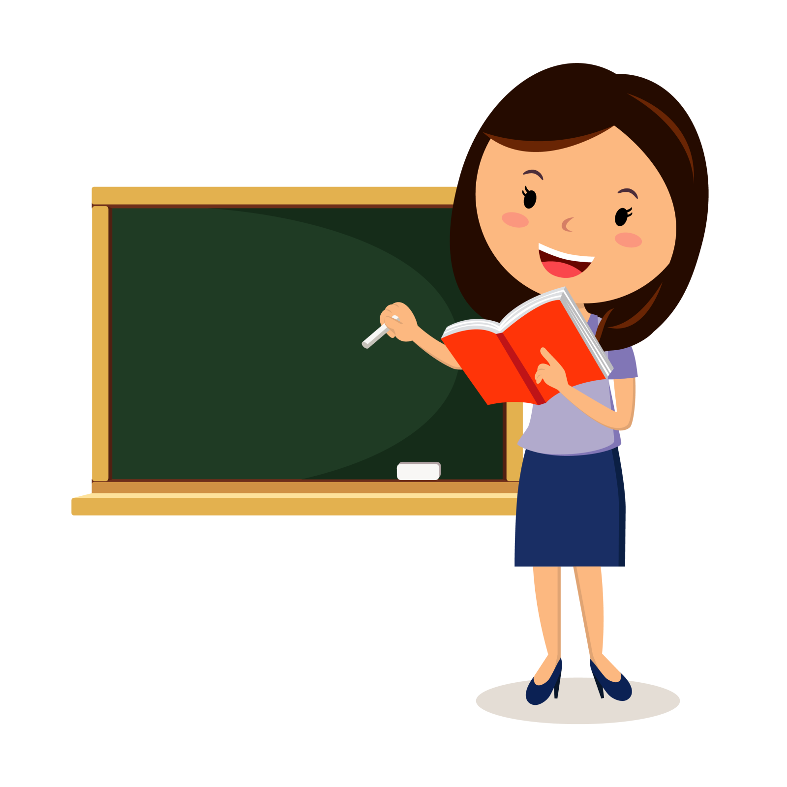a woman standing in front of a blackboard with a book