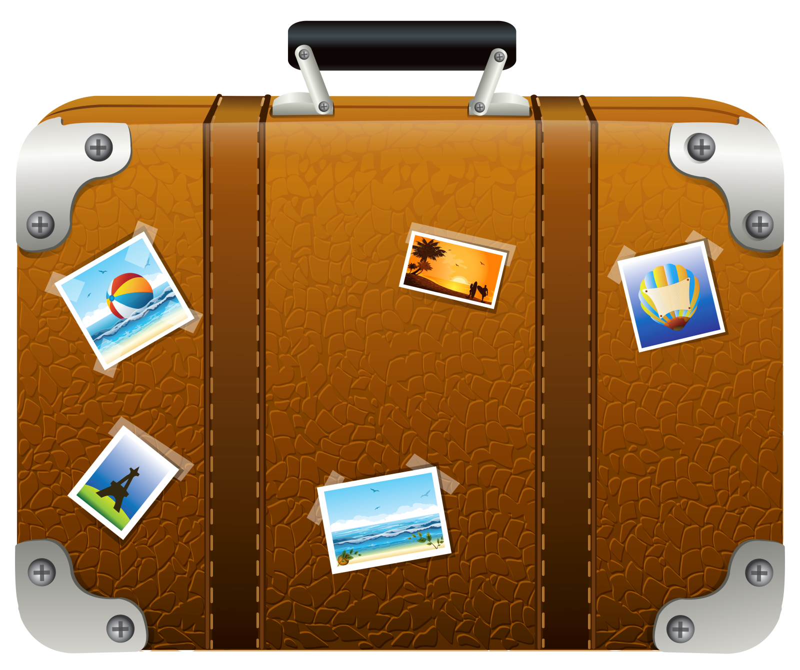 a brown suitcase with pictures on it