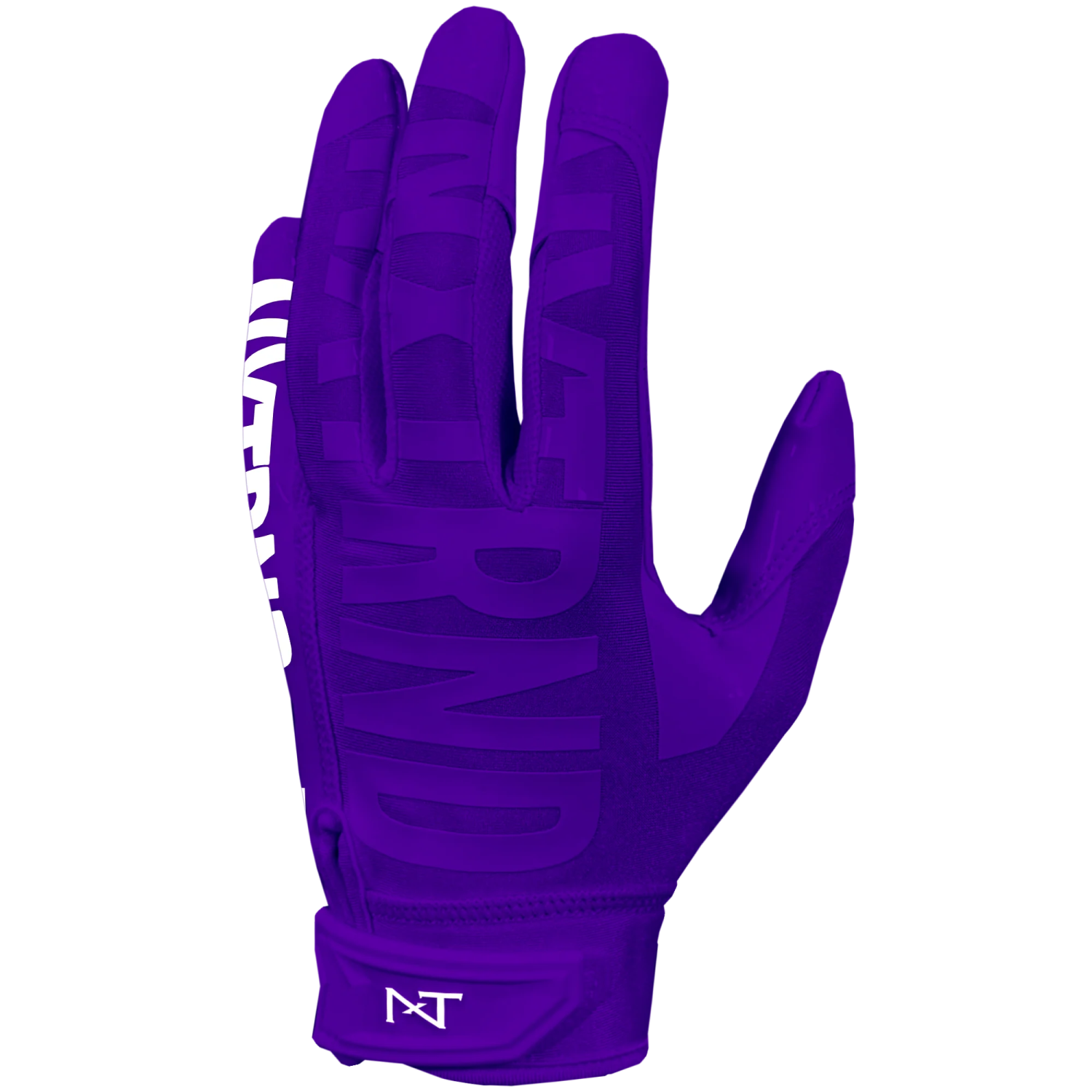 a pair of purple gloves with white letters on it