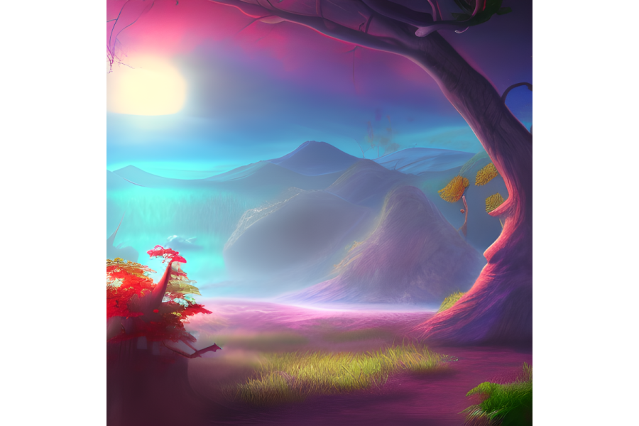 an image of a fantasy landscape with trees and mountains