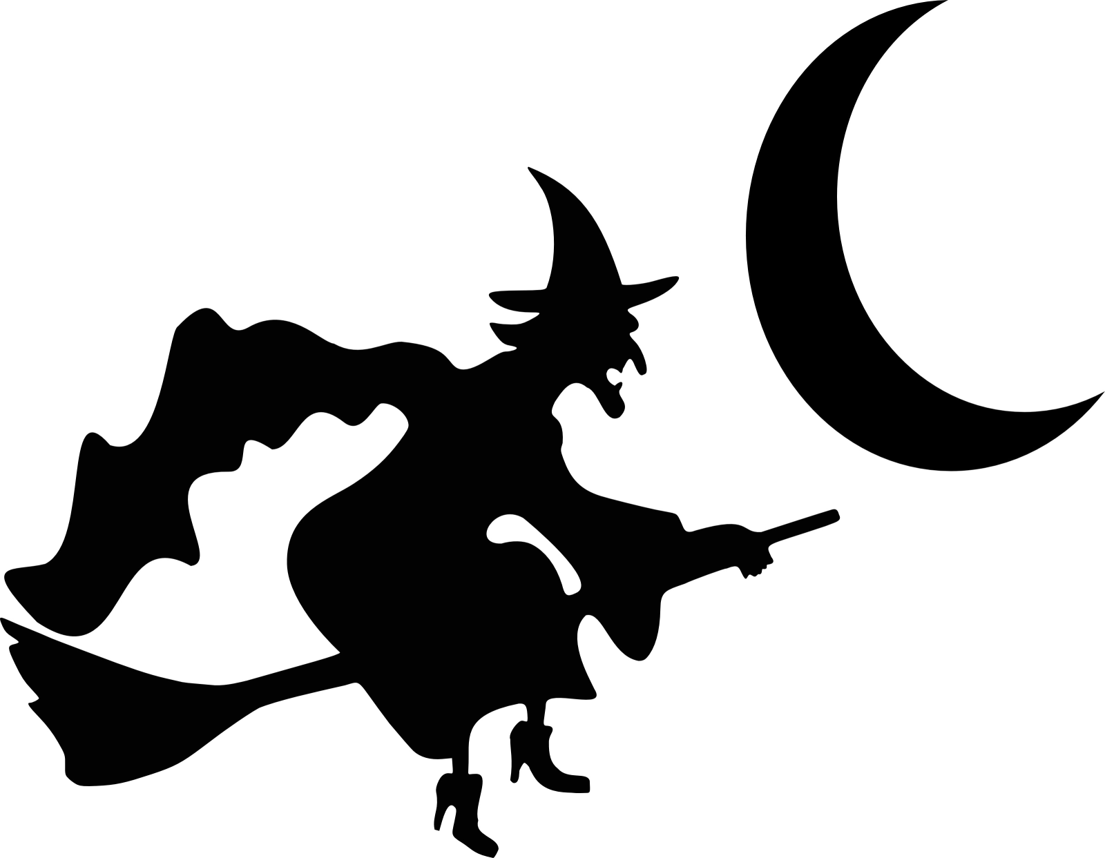 a black and white silhouette of a witch flying over the moon