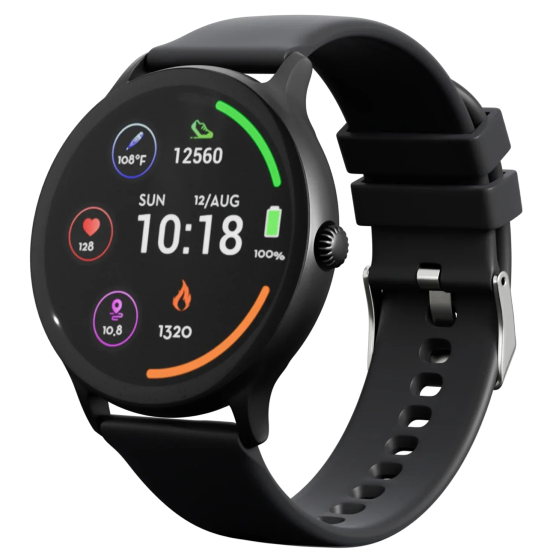 a black smart watch with a colorful display