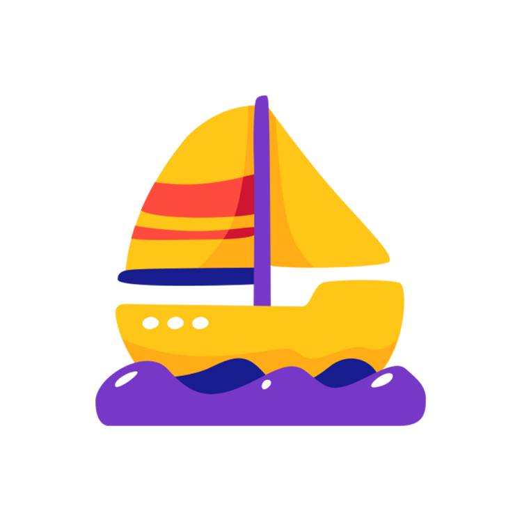 a yellow sail boat with blue and red sails