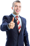 a man in a suit giving a thumbs