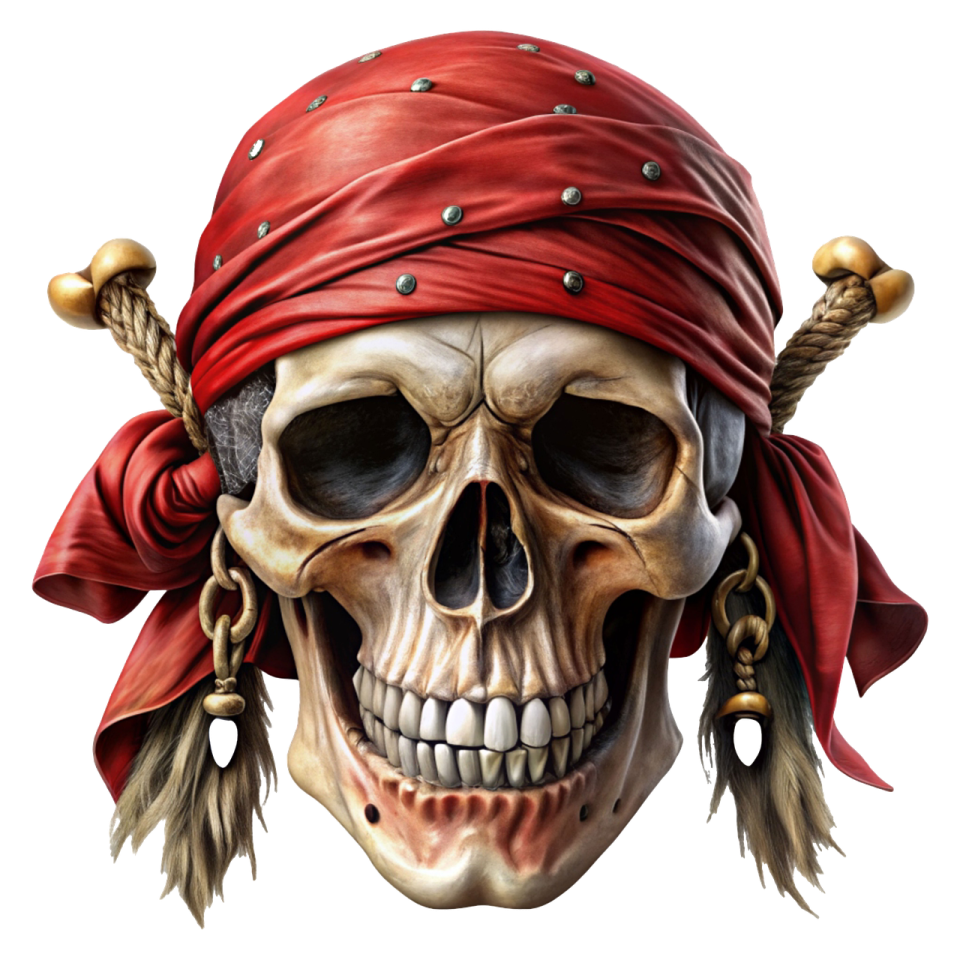 a skull wearing a red banda and a pirate hat