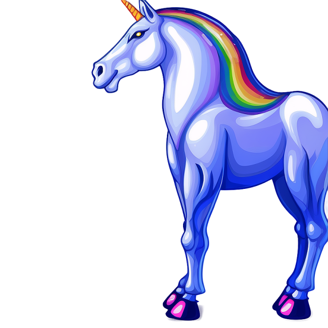a blue unicorn with a rainbow mane