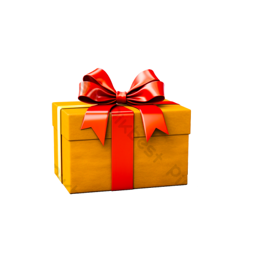 a yellow gift box with a red bow