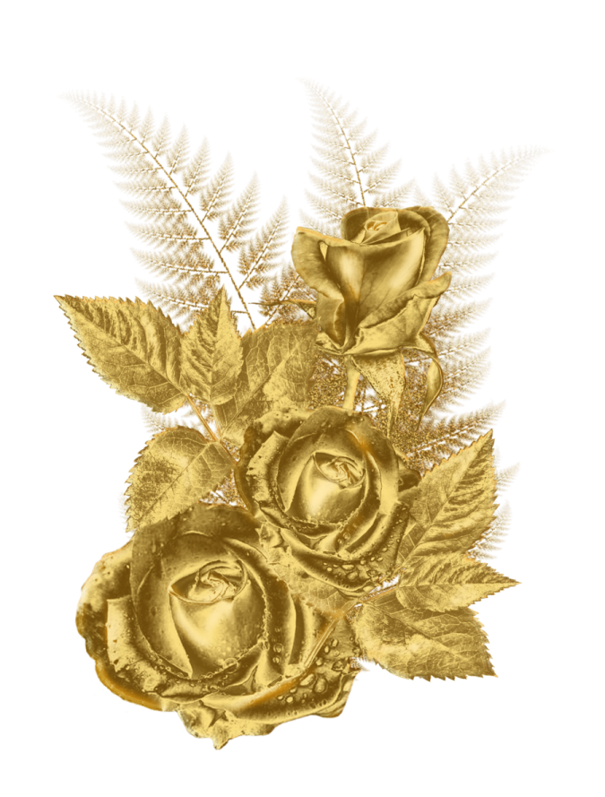 a bouquet of gold roses and fern leaves