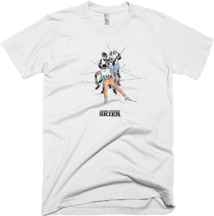 a white t - shirt with an image of a man in ski gear