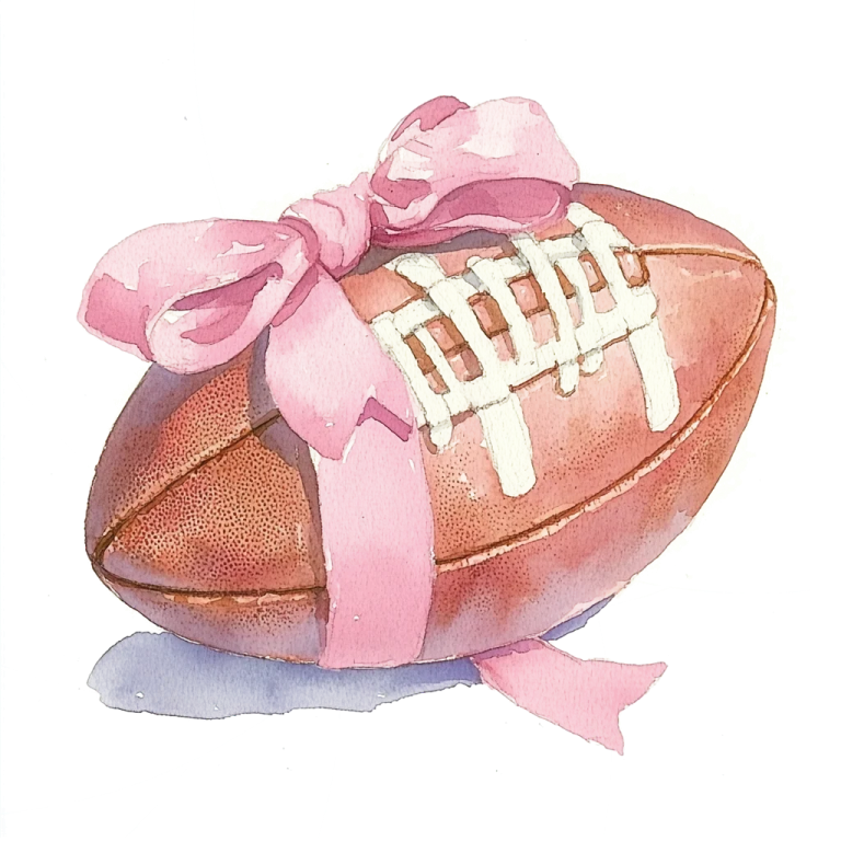 a watercolor painting of a football with a pink bow