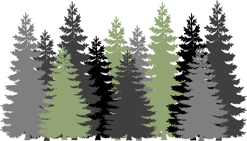 a group of trees with black and green leaves