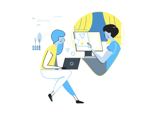 an illustration of two people working on laptops