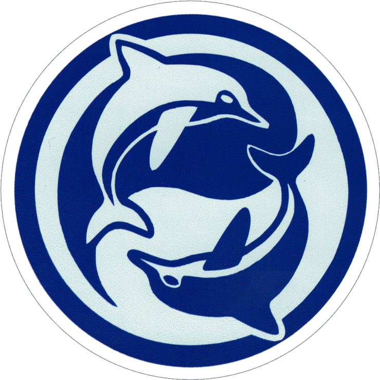 a blue and white circular with a dolphin in the center