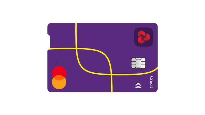 a purple credit card with an orange circle on it