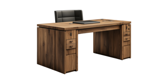 a wooden desk with a computer on top