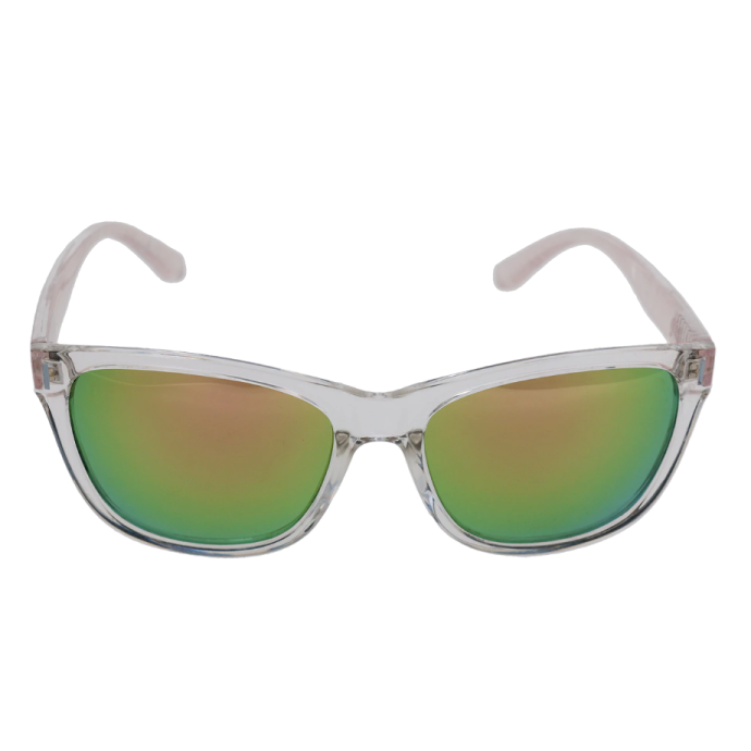 a pair of clear sunglasses with green mirrored lenses