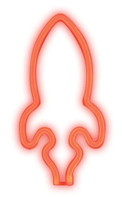 a red neon sign with the shape of a rocket