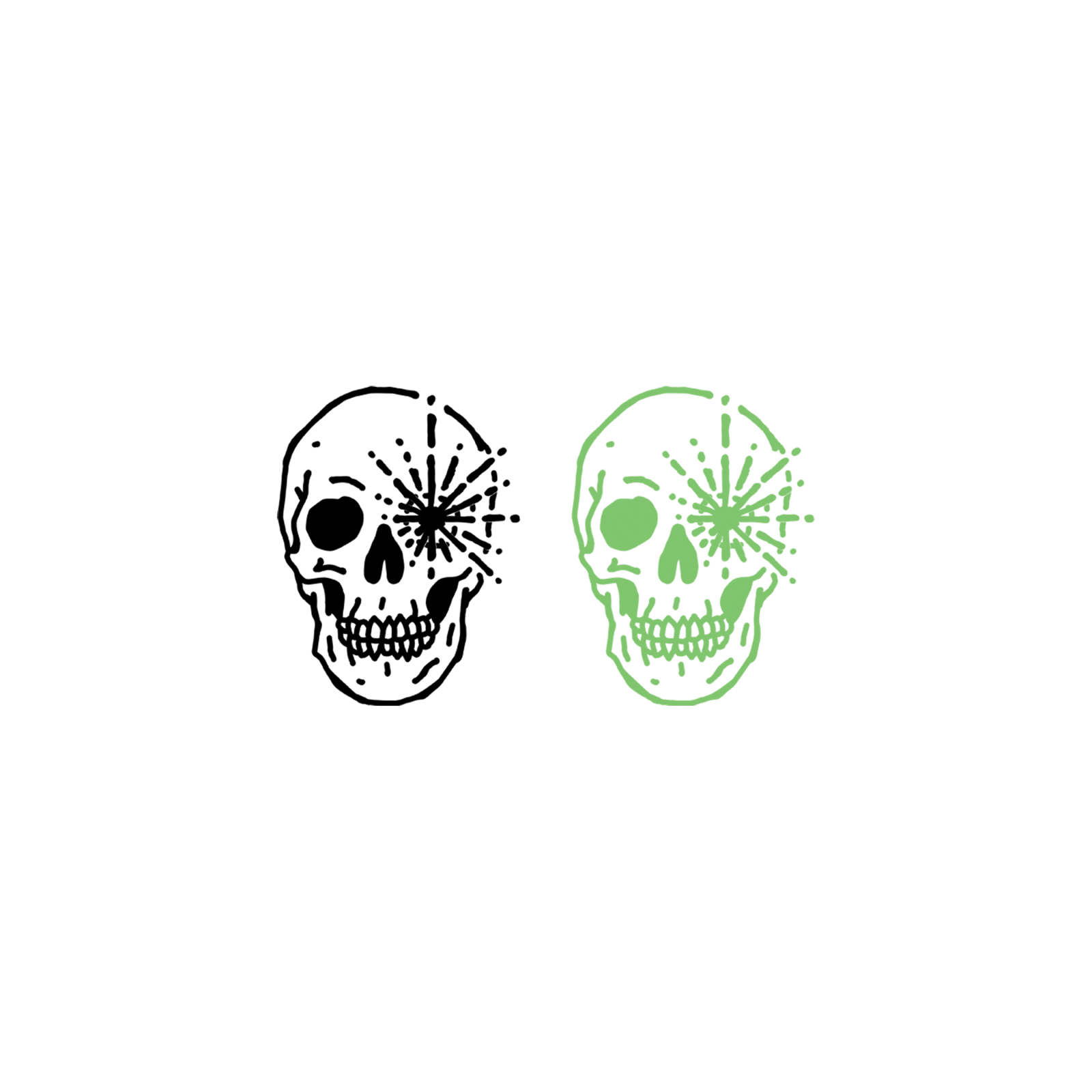 two skulls in green and black on a white background
