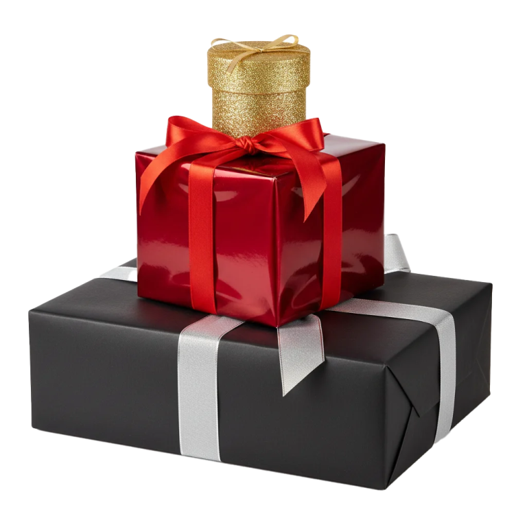 a black gift box with a red bow and silver ribbon