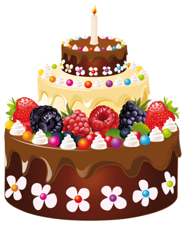 a birthday cake with chocolate and fruit on top