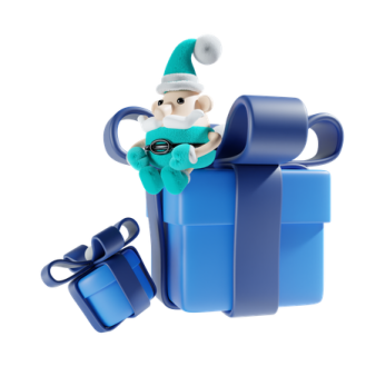 a christmas elf sitting in a blue gift box
